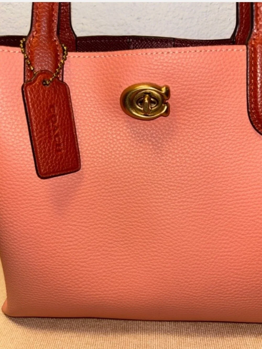 Coach Willow Tote 24 Colorblock Pink & Saddle Pebble Leather Crossbody Satchel